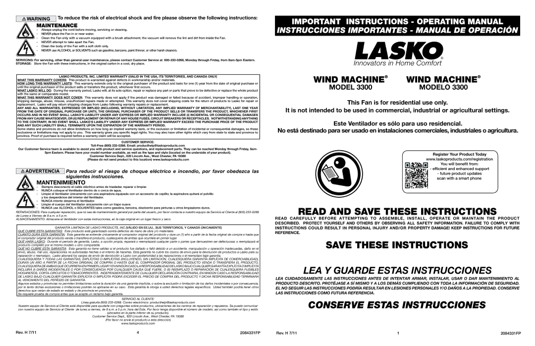 Lasko LAS3300 warranty LEA Y Guarde Estas Instrucciones, Conserve Estas Instrucciones, Modelo, Maintenance 