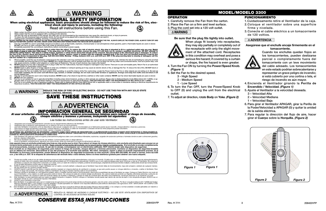 Lasko LAS3300 warranty Información General DE Seguridad, Operation, Funcionamiento 