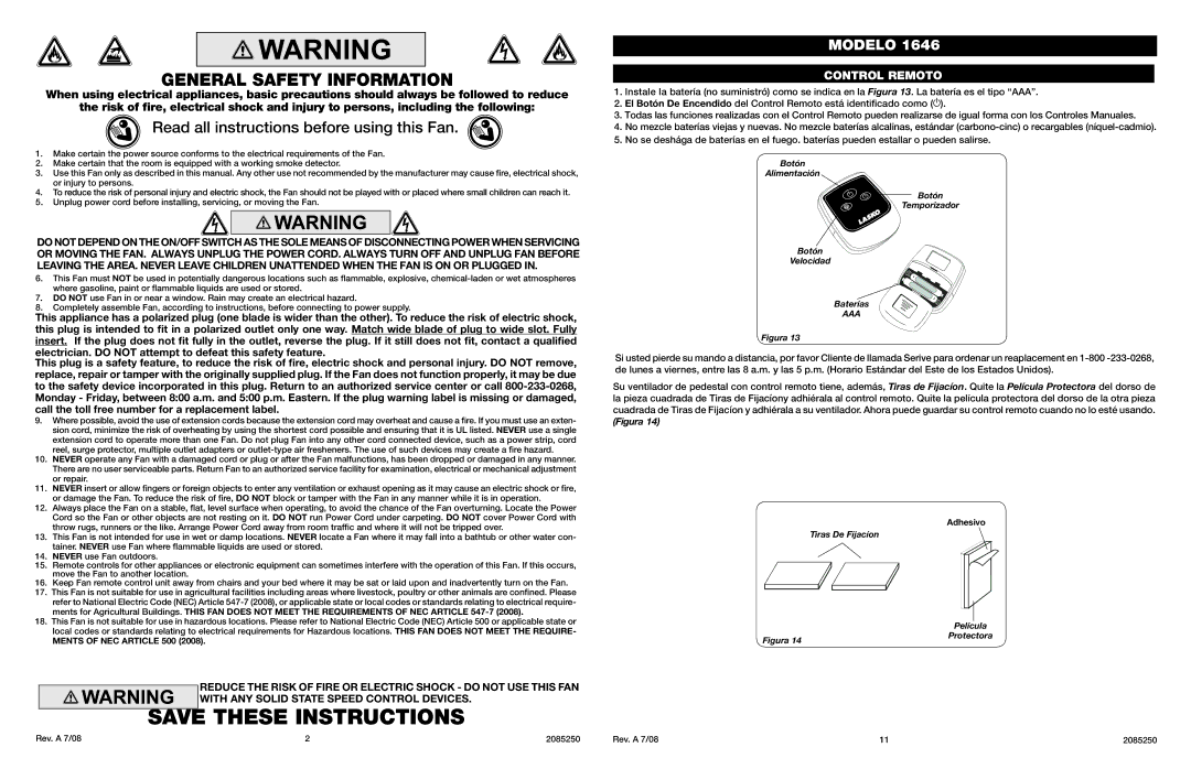 Lasko Model 1646 manual General Safety Information, Read all instructions before using this Fan, Control Remoto 