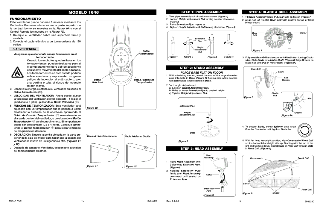 Lasko Model 1646 manual Pipe Assembly Blade & Grill Assembly, Funcionamiento, Stand Assembly, Head Assembly 