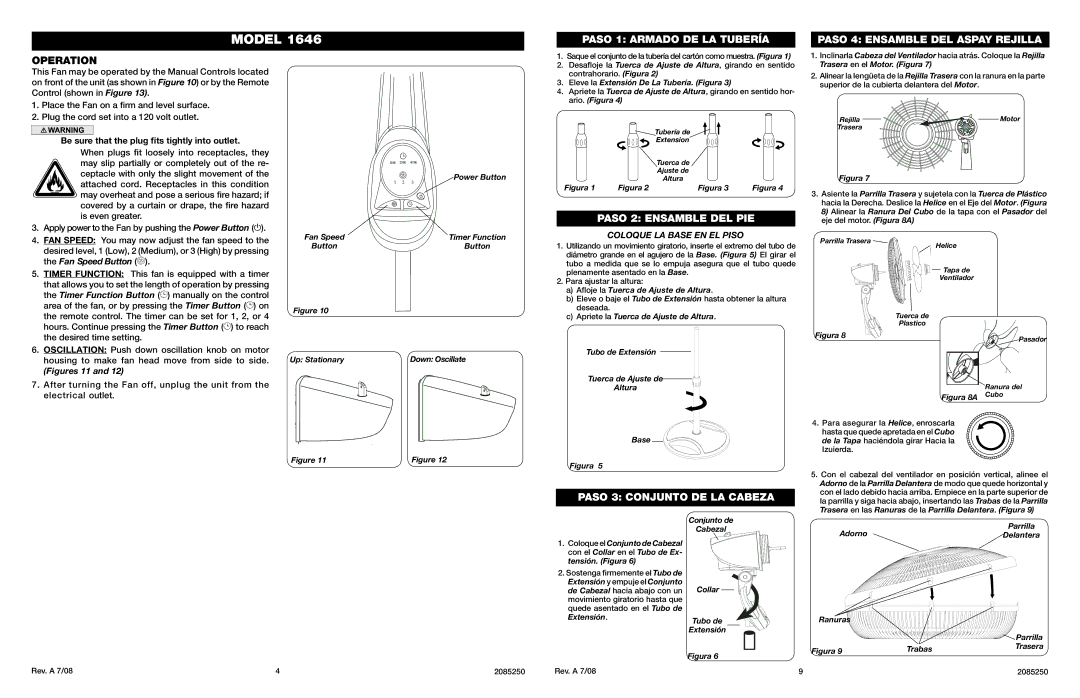 Lasko Model 1646 manual Operation, Paso 2 Ensamble DEL PIE, Paso 3 Conjunto DE LA Cabeza 