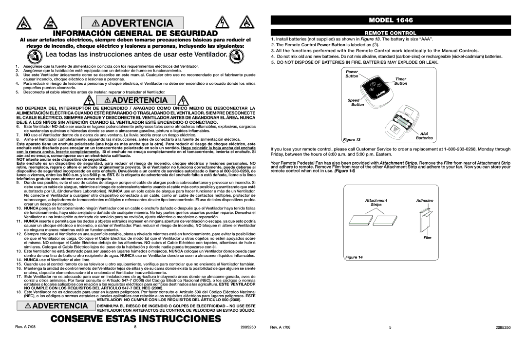 Lasko Model 1646 manual Conserve Estas Instrucciones, Información General DE Seguridad, Remote Control 