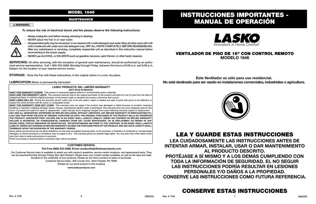 Lasko Model 1646 manual Instrucciones Importantes Manual DE Operación, LEA Y Guarde Estas Instrucciones, Maintenance 