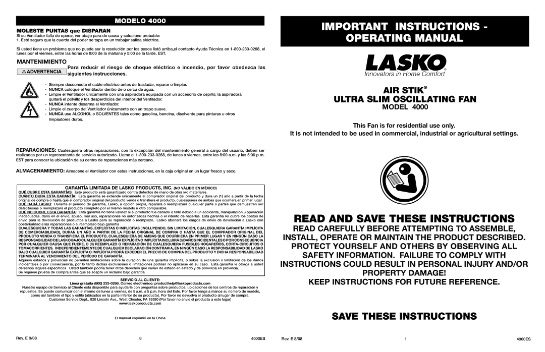 Lasko Model 4000 manual Important Instructions Operating Manual, AIR Stik Ultra Slim Oscillating FAN 