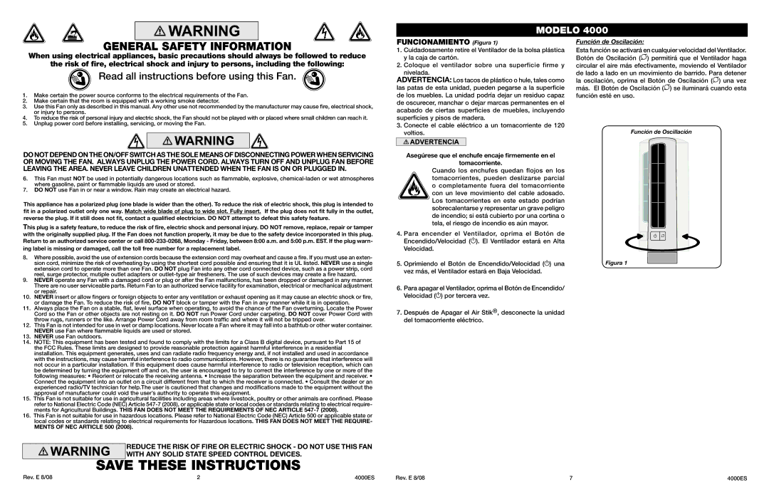 Lasko Model 4000 manual General Safety Information, Read all instructions before using this Fan, Funcionamiento Figura 