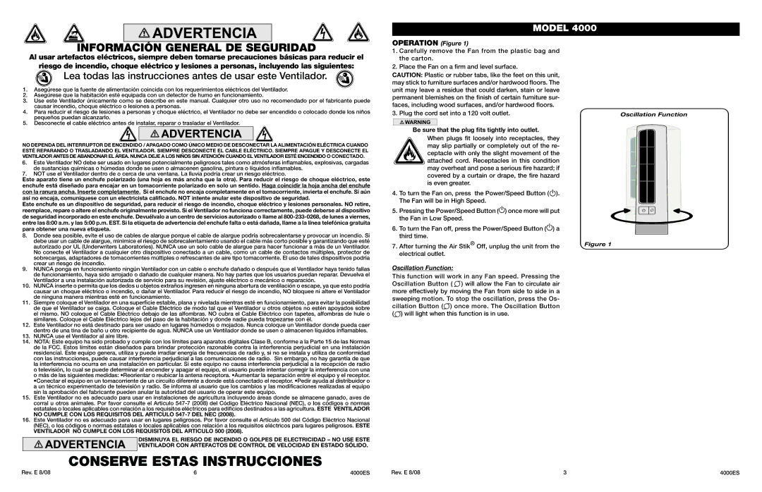 Lasko Model 4000 manual Conserve Estas Instrucciones, Información General DE Seguridad, Operation Figure 