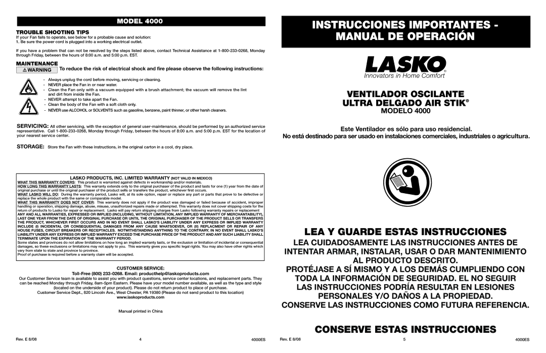 Lasko Model 4000 manual Instrucciones Importantes Manual DE Operación, LEA Y Guarde Estas Instrucciones 