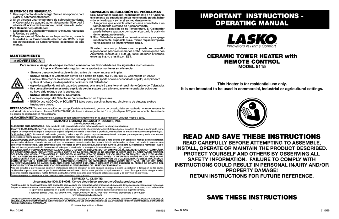 Lasko 5115 manual Elementos DE Seguridad, Para Reiniciar el Calentador, Garantía Limitada DE Lasko PRODUCTS, INC 