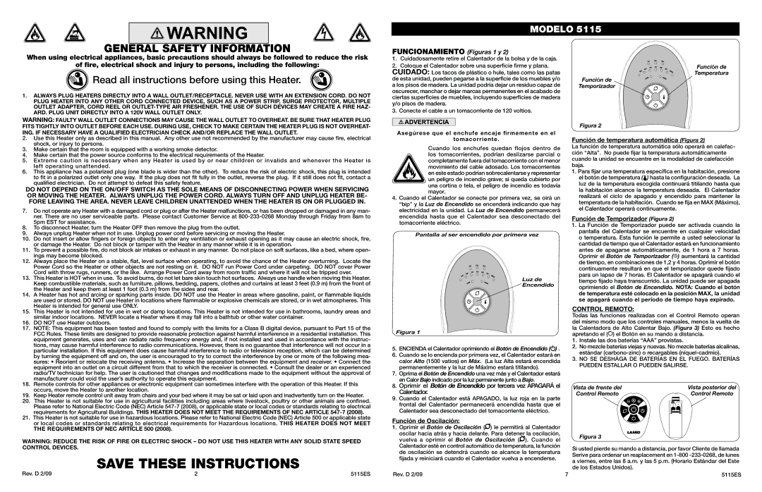 Lasko MODEL 5115 manual Función de temperatura automática Figura, Función de Temporizador Figura, Control Remoto 