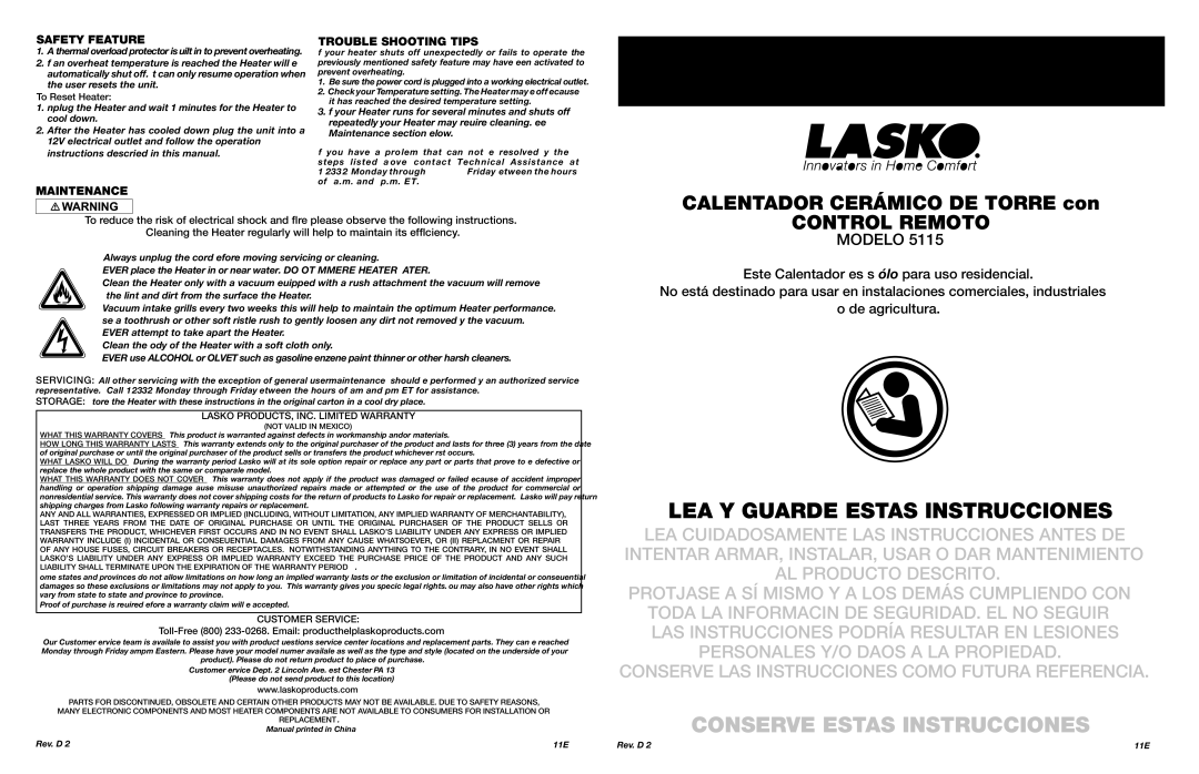 Lasko MODEL 5115 manual To Reset Heater,  LASKO PRODUCTS, INC. Limited Warranty, Customer Service 