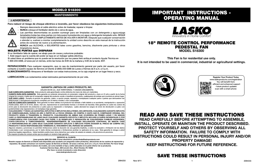 Lasko S18300 manual Important Instructions Operating Manual, Garantía Limitada DE Lasko PRODUCTS, INC 