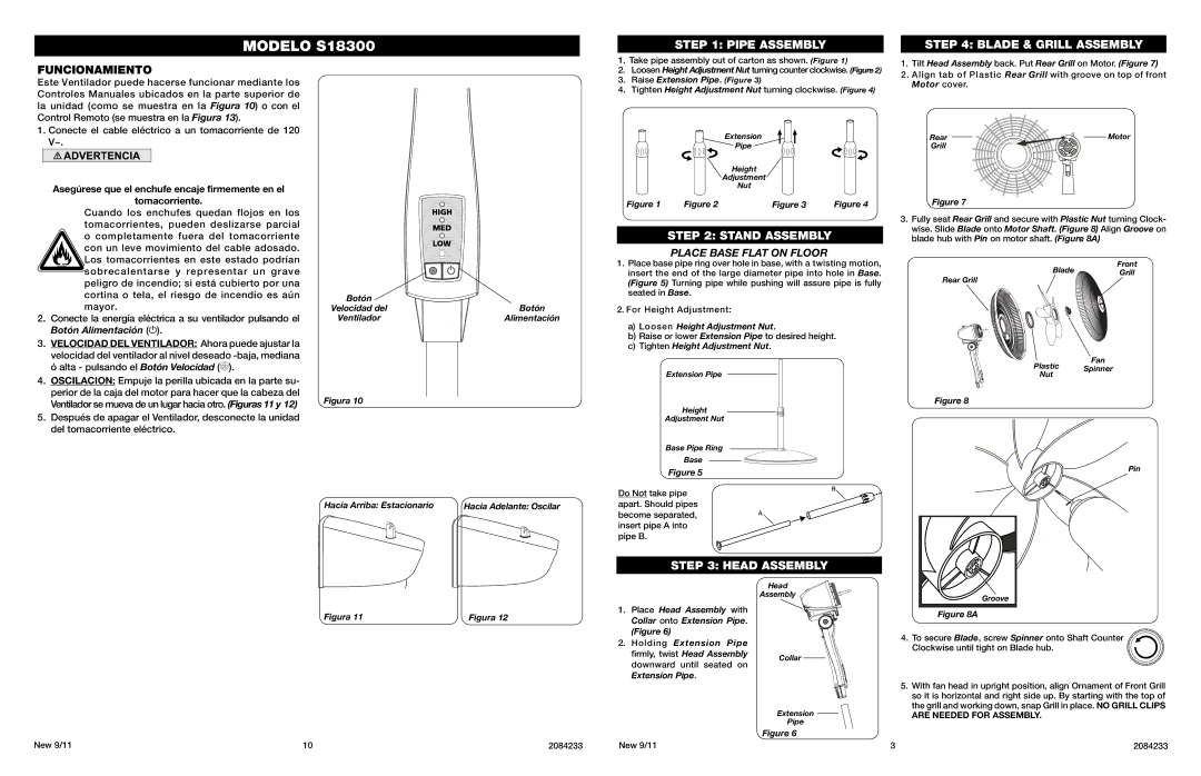 Lasko S18300 manual Pipe Assembly Blade & Grill Assembly, Funcionamiento, Stand Assembly, Head Assembly 