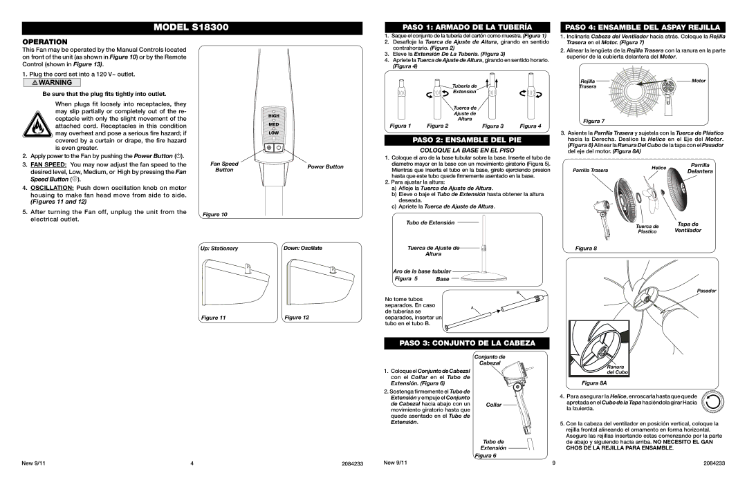 Lasko S18300 manual Operation, Paso 1 Armado DE LA Tubería, Paso 4 Ensamble DEL Aspay Rejilla, Paso 2 Ensamble DEL PIE 