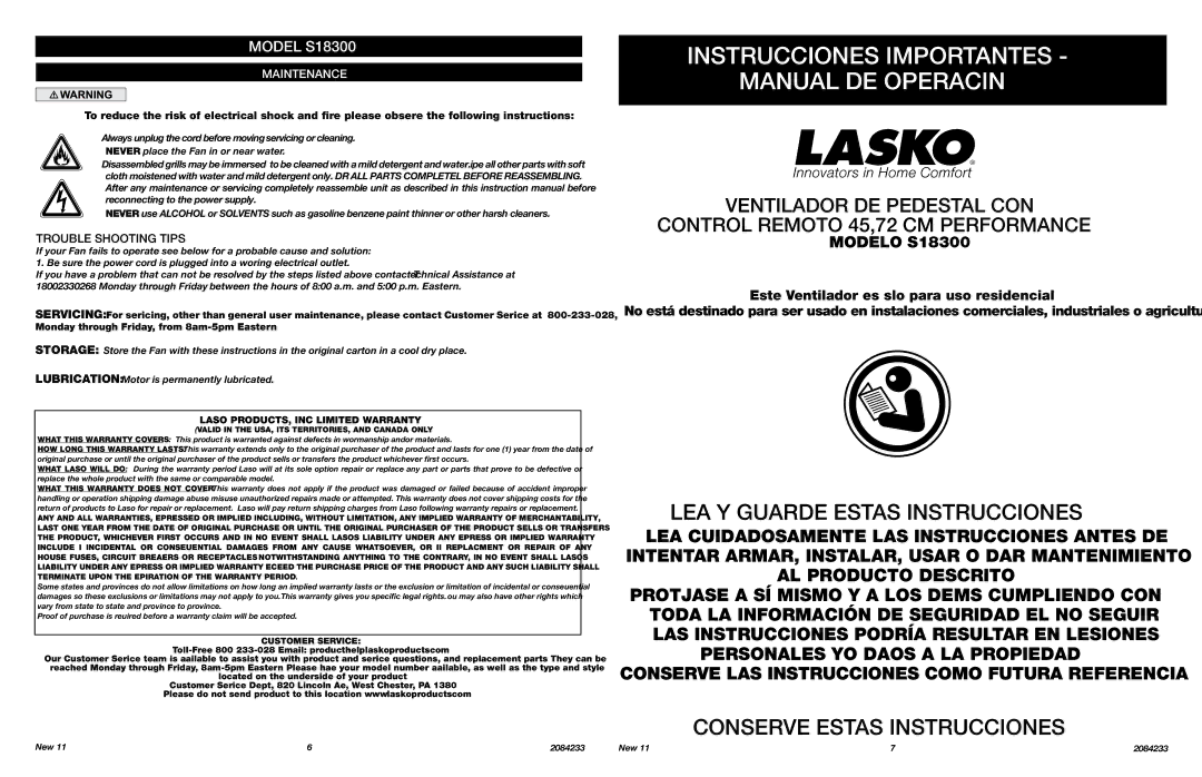 Lasko S18300 manual Instrucciones Importantes Manual DE Operación, LEA Y Guarde Estas Instrucciones, Maintenance 