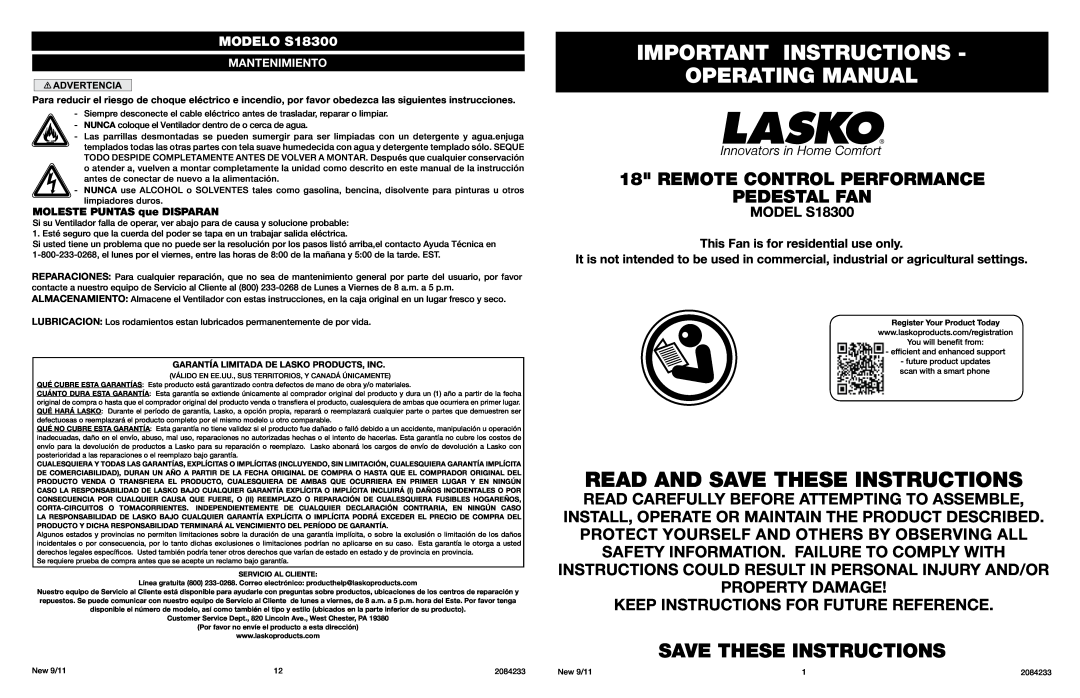 Lasko manual Important Instructions Operating Manual, Read And Save These Instructions, MODEL S18300, MODELO S18300 