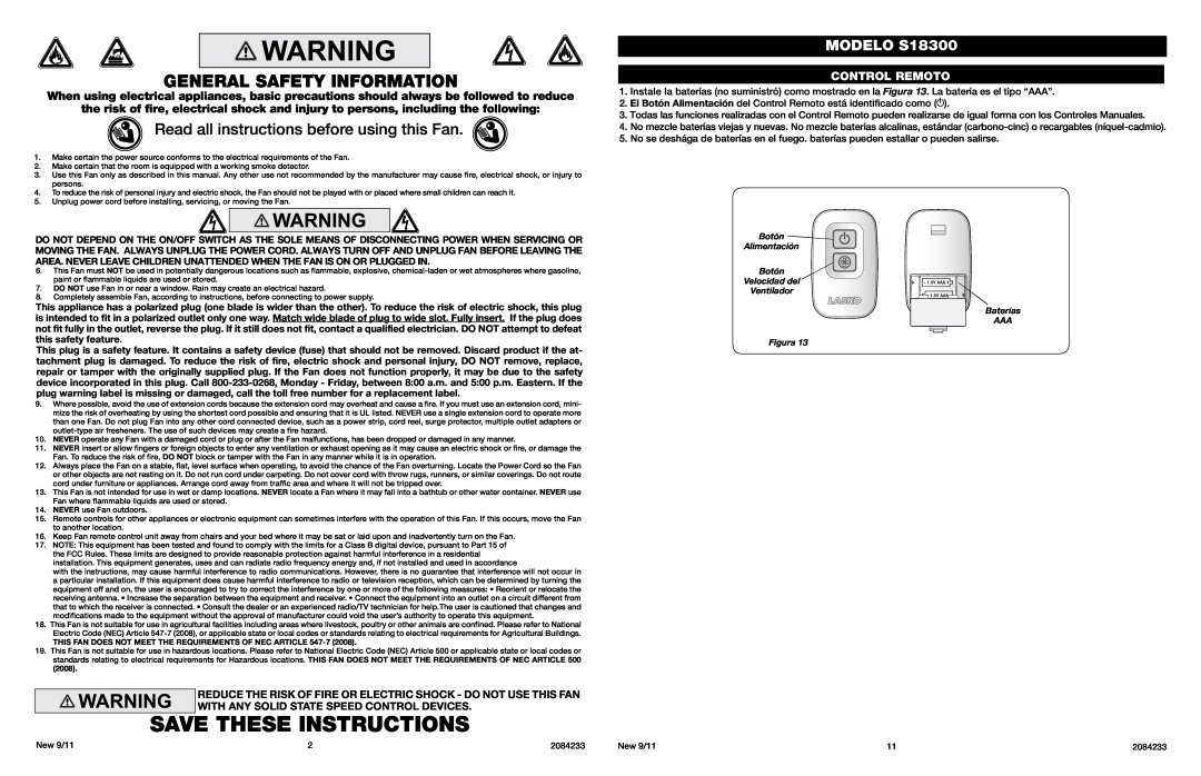 Lasko S18300 manual Save These Instructions, General Safety Information, Read all instructions before using this Fan 