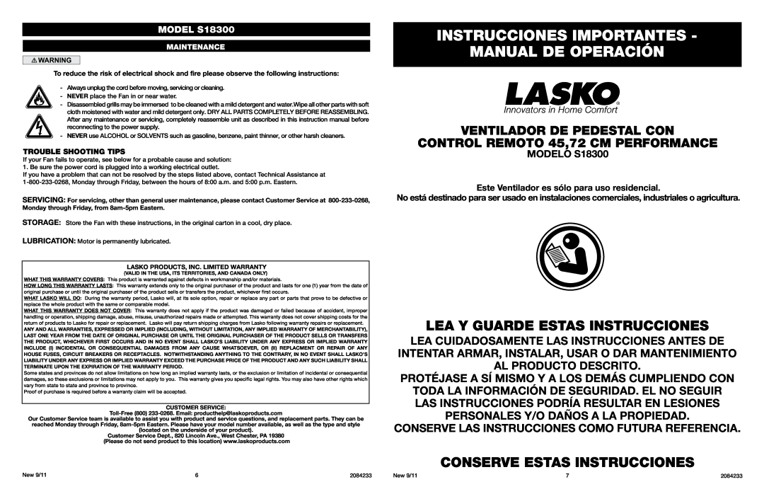 Lasko S18300 Instrucciones Importantes Manual De Operación, Lea Y Guarde Estas Instrucciones, Conserve Estas Instrucciones 