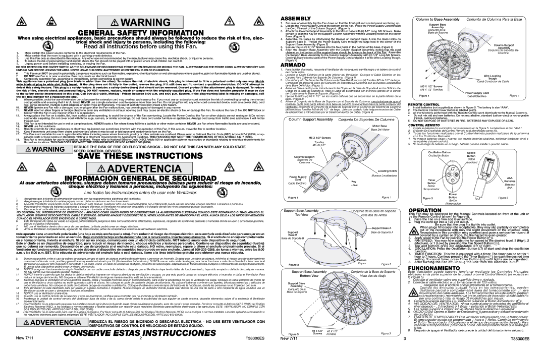 Lasko T38300 warranty Assembly, Armado, Operation, Remote Control 