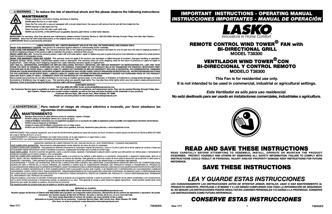 Lasko warranty MODEL T38300, MODELO T38300, Maintenance, New 7/11, T38300ES, Read And Save These Instructions 