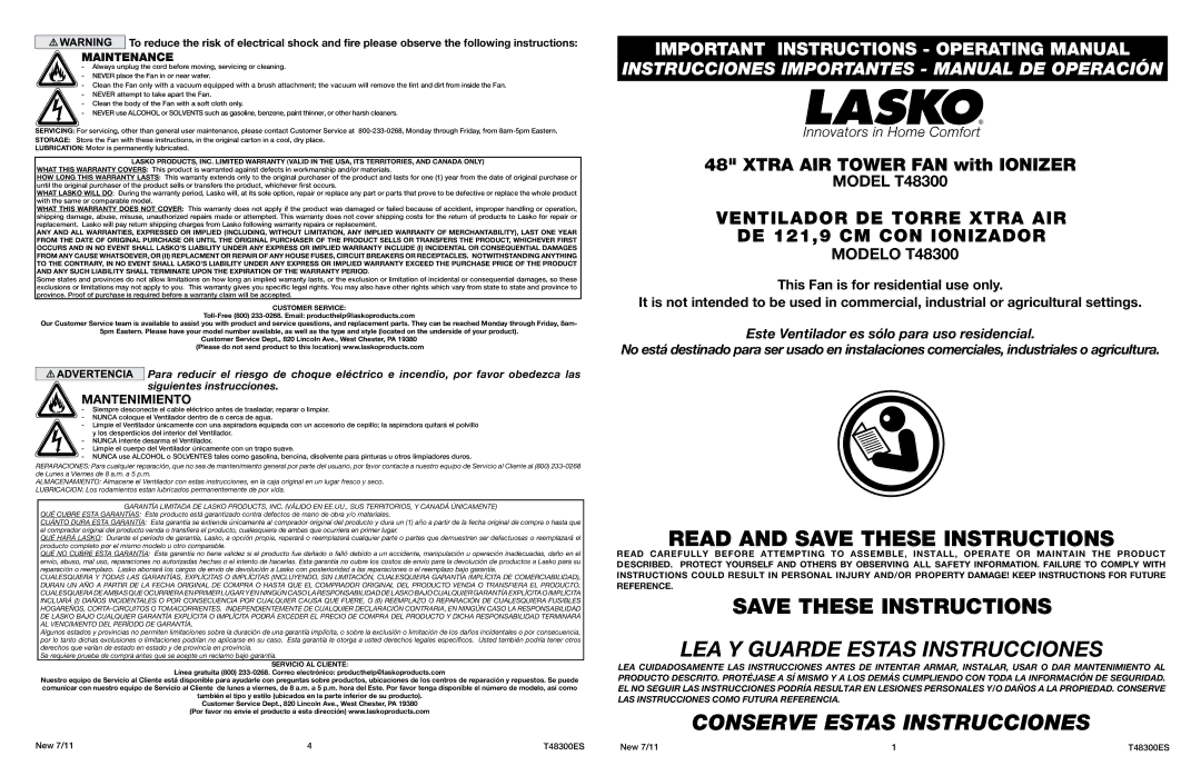 Lasko T48300 warranty Maintenance, Customer Service 