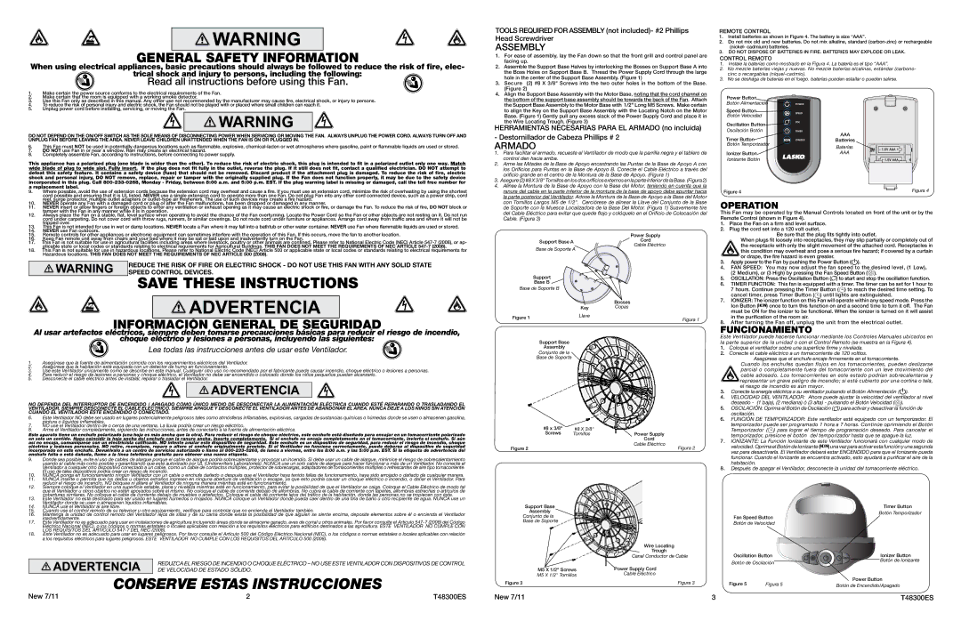 Lasko T48300 warranty Operation, Funcionamiento 