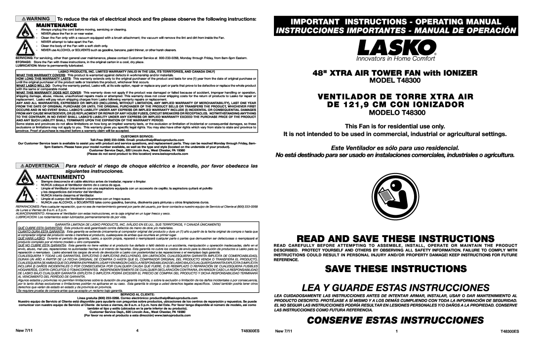 Lasko warranty MODEL T48300, MODELO T48300, Maintenance, New 7/11, T48300ES, Read And Save These Instructions 