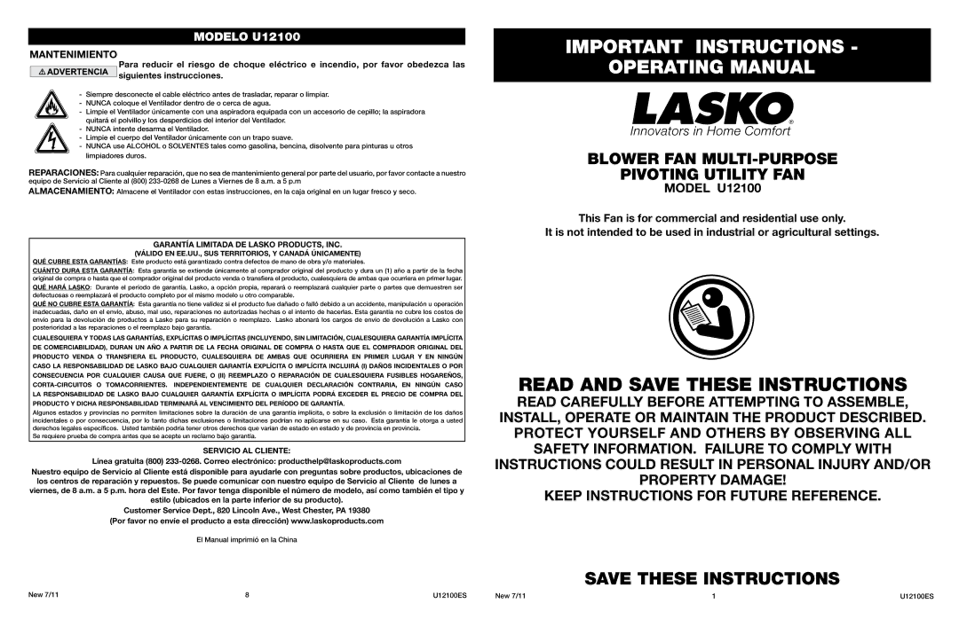 Lasko U12100 manual Garantía Limitada DE Lasko PRODUCTS, INC, Servicio AL Cliente 