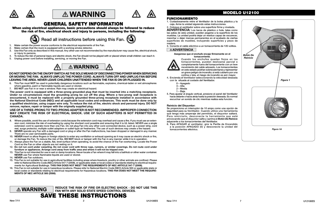 Lasko U12100 manual General Safety Information 