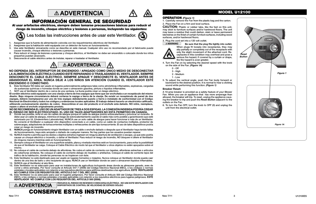 Lasko U12100 manual Información General DE Seguridad, Be sure that the plug fits tightly into outlet 