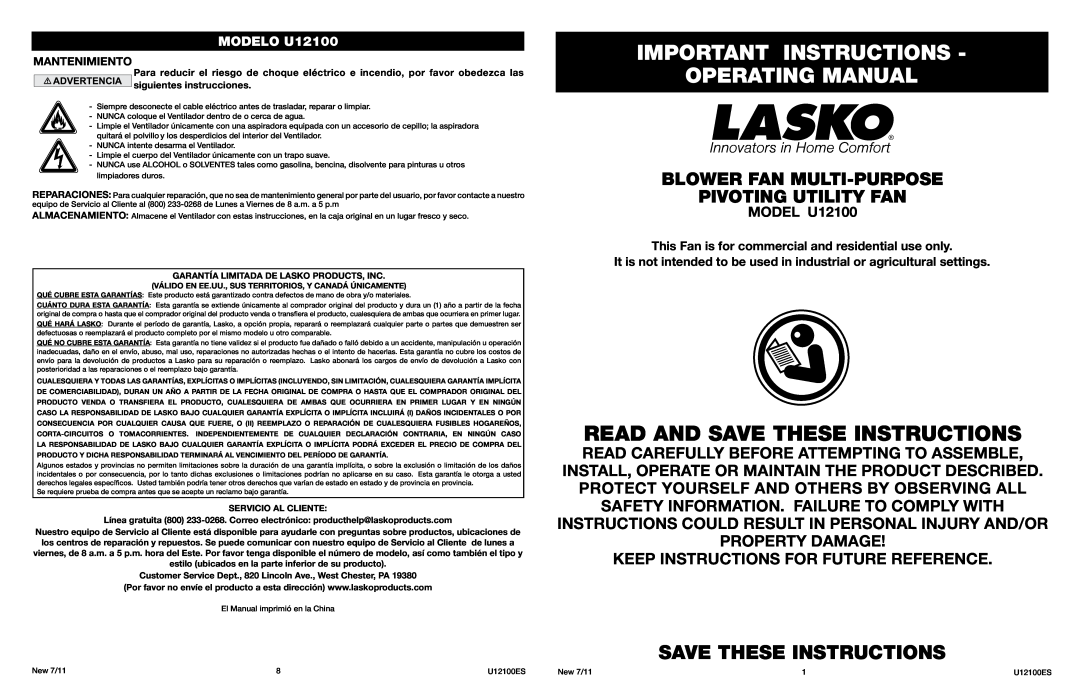Lasko manual Important Instructions Operating Manual, Read And Save These Instructions, MODEL U12100, MODELO U12100 
