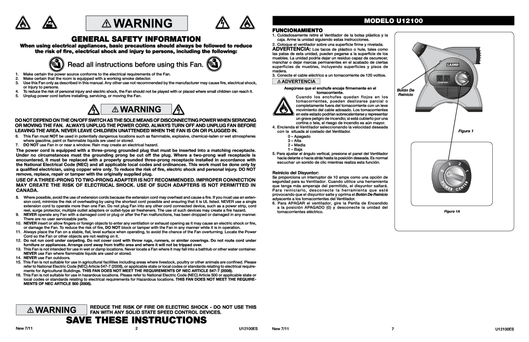 Lasko U12100 manual Save These Instructions, General Safety Information, Read all instructions before using this Fan 