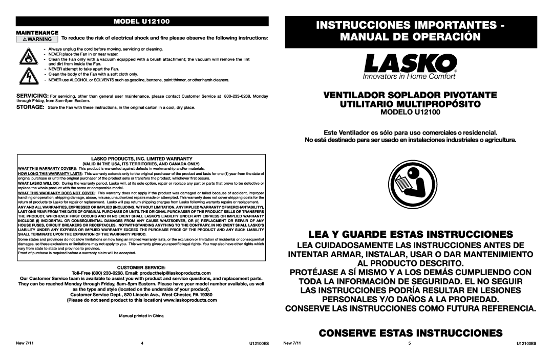 Lasko U12100 Instrucciones Importantes Manual De Operación, Lea Y Guarde Estas Instrucciones, Conserve Estas Instrucciones 