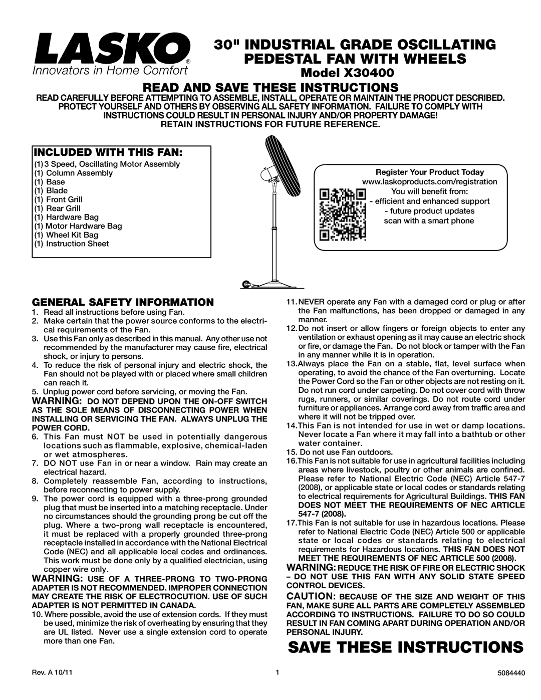 Lasko X30400 instruction sheet Included with this FAN, General Safety Information, Register Your Product Today 