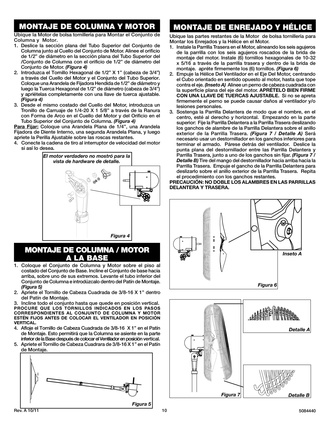 Lasko X30400 instruction sheet Montaje DE Columna Y Motor 