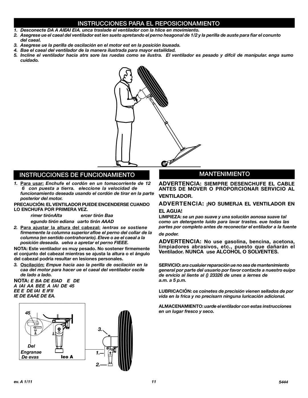 Lasko X30400 instruction sheet Instrucciones Para EL Reposicionamiento, Instrucciones DE Funcionamiento, Mantenimiento 