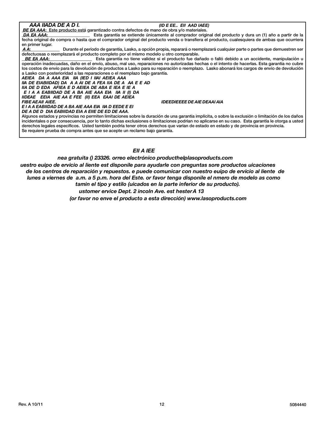 Lasko X30400 instruction sheet Servicio AL Cliente 