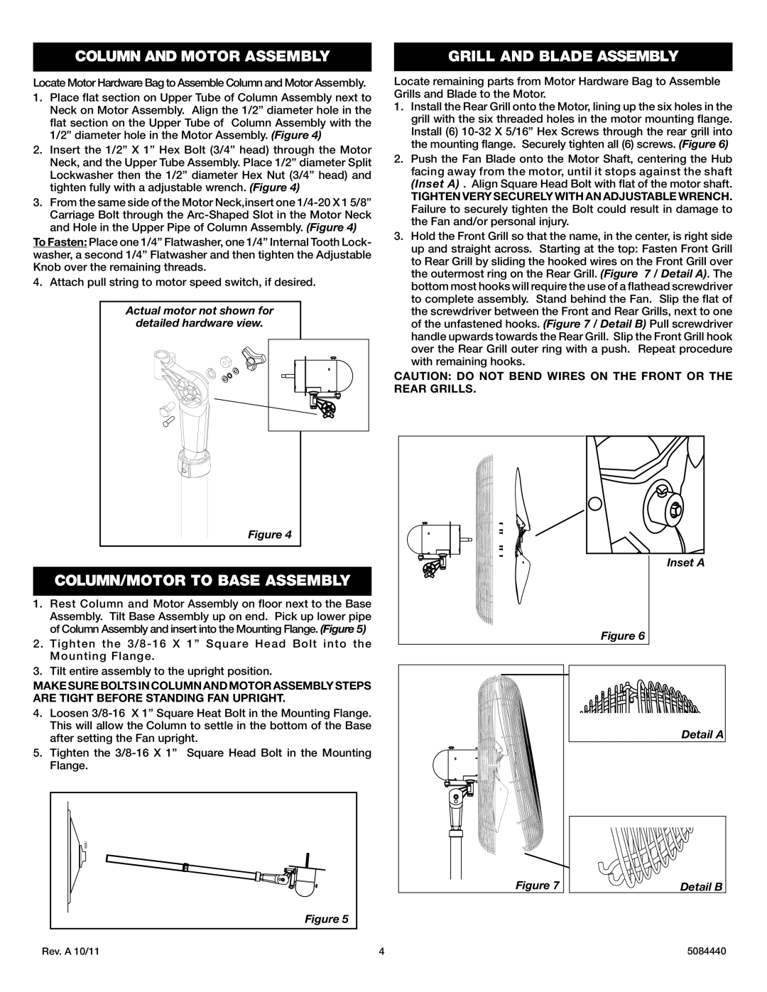 Lasko X30400 instruction sheet Column and Motor Assembly, COLUMN/MOTOR to Base Assembly, Grill and Blade Assembly 