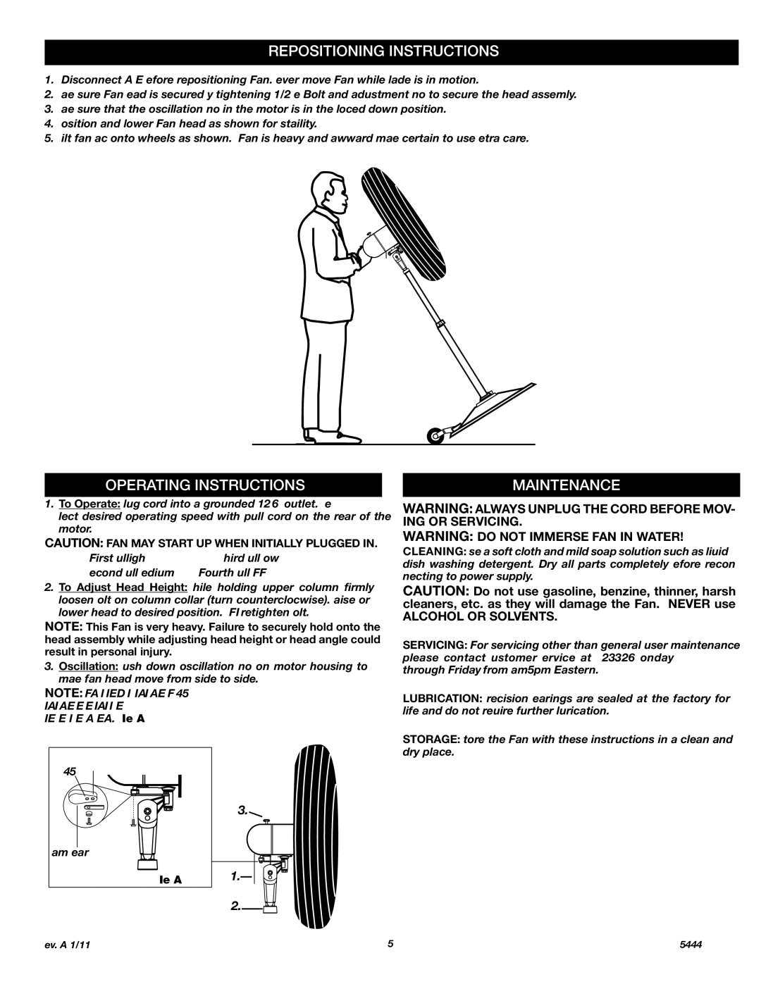 Lasko X30400 instruction sheet Repositioning Instructions, Operating Instructions, Maintenance, Alcohol or Solvents 