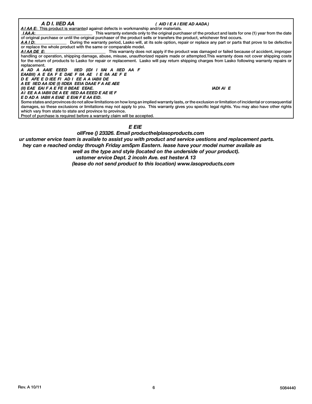 Lasko X30400 instruction sheet Customer Service 