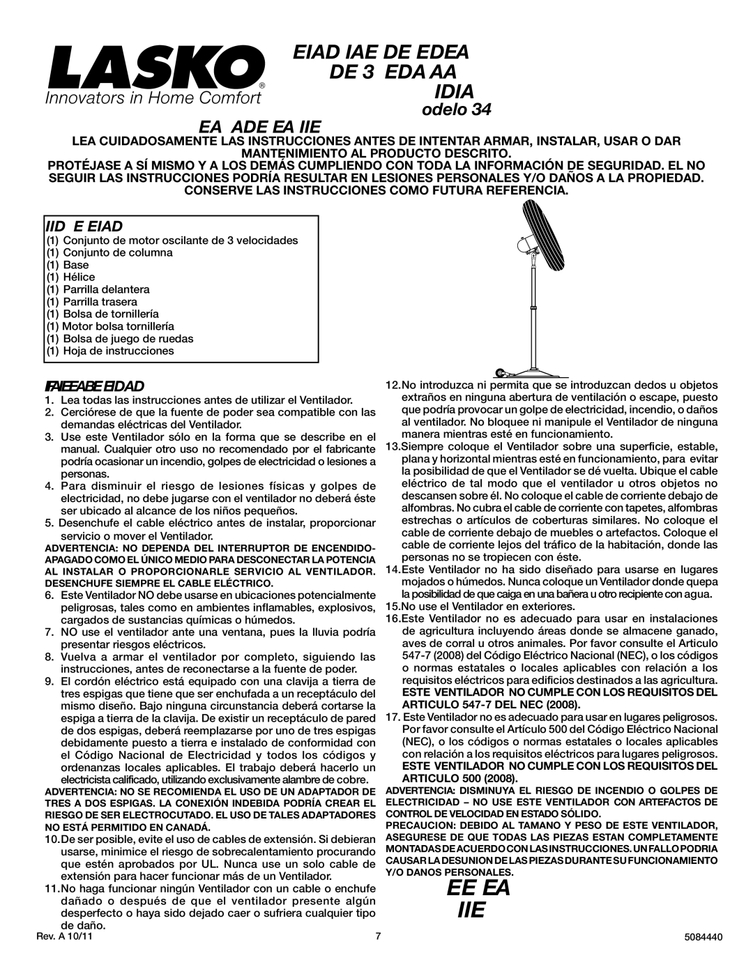 Lasko X30400 instruction sheet Incluido CON EL Ventilador, Información General Sobre Seguridad, Articulo 500 