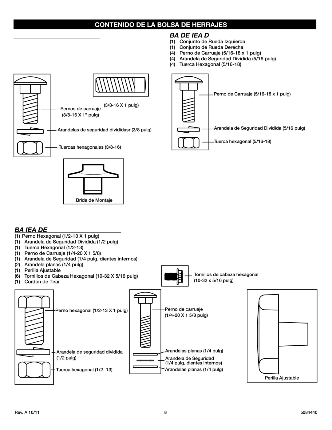 Lasko X30400 instruction sheet Contenido DE LA Bolsa DE Herrajes, Bolsa DE Tornillería a Bolsa DE Tornillería D 