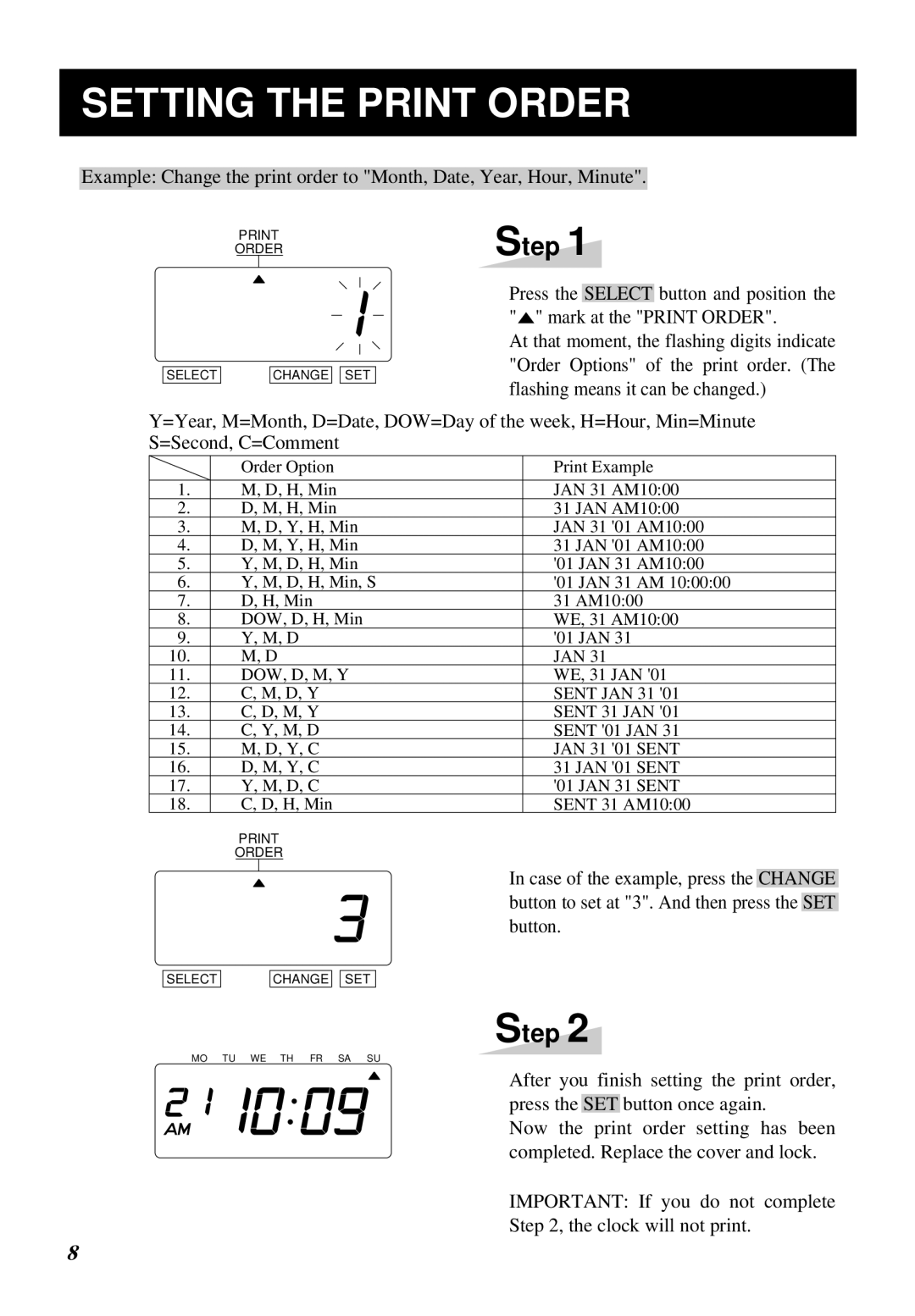 Lathem 1000E manual Setting the Print Order 