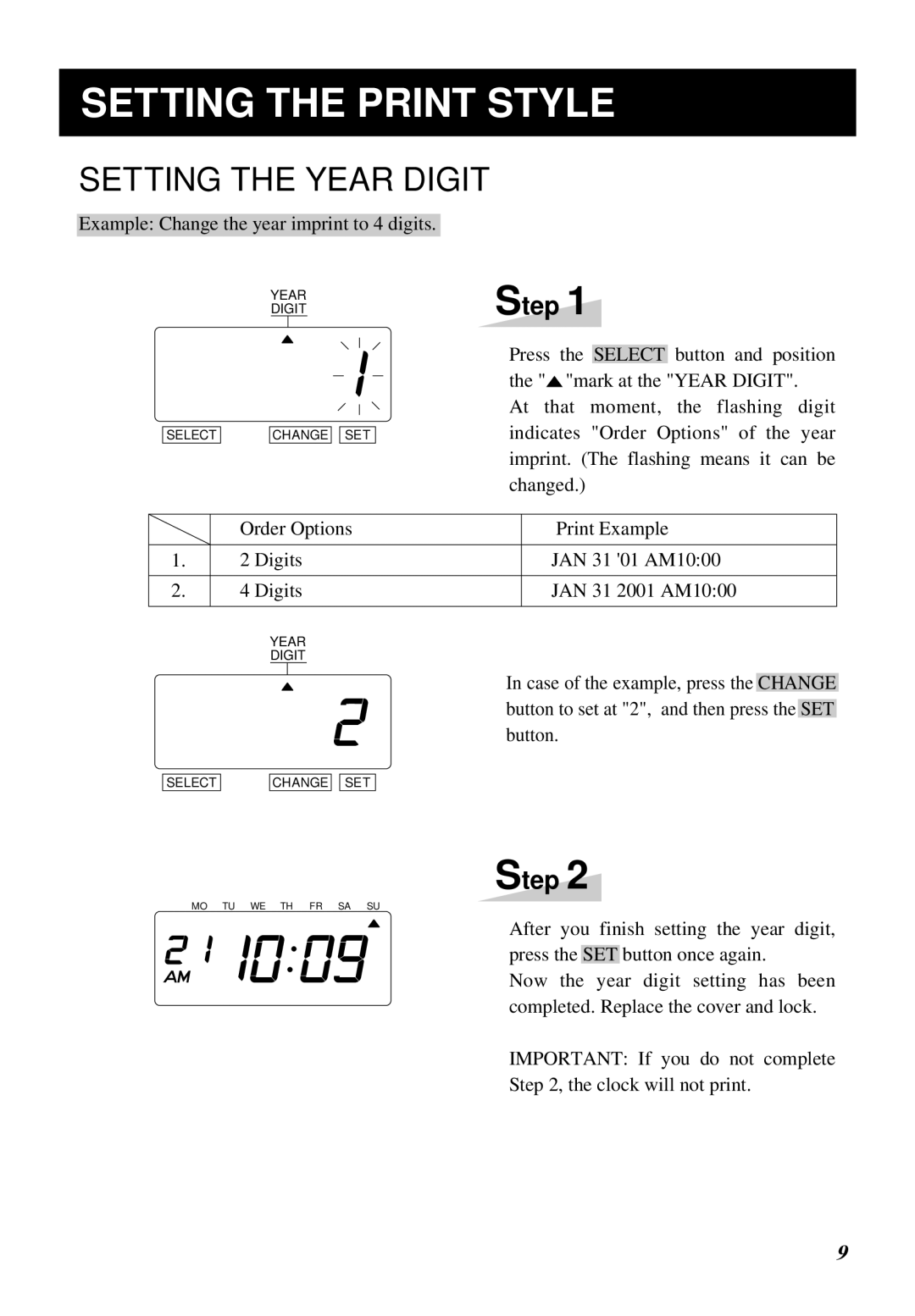 Lathem 1000E manual Setting the Print Style, Setting the Year Digit 