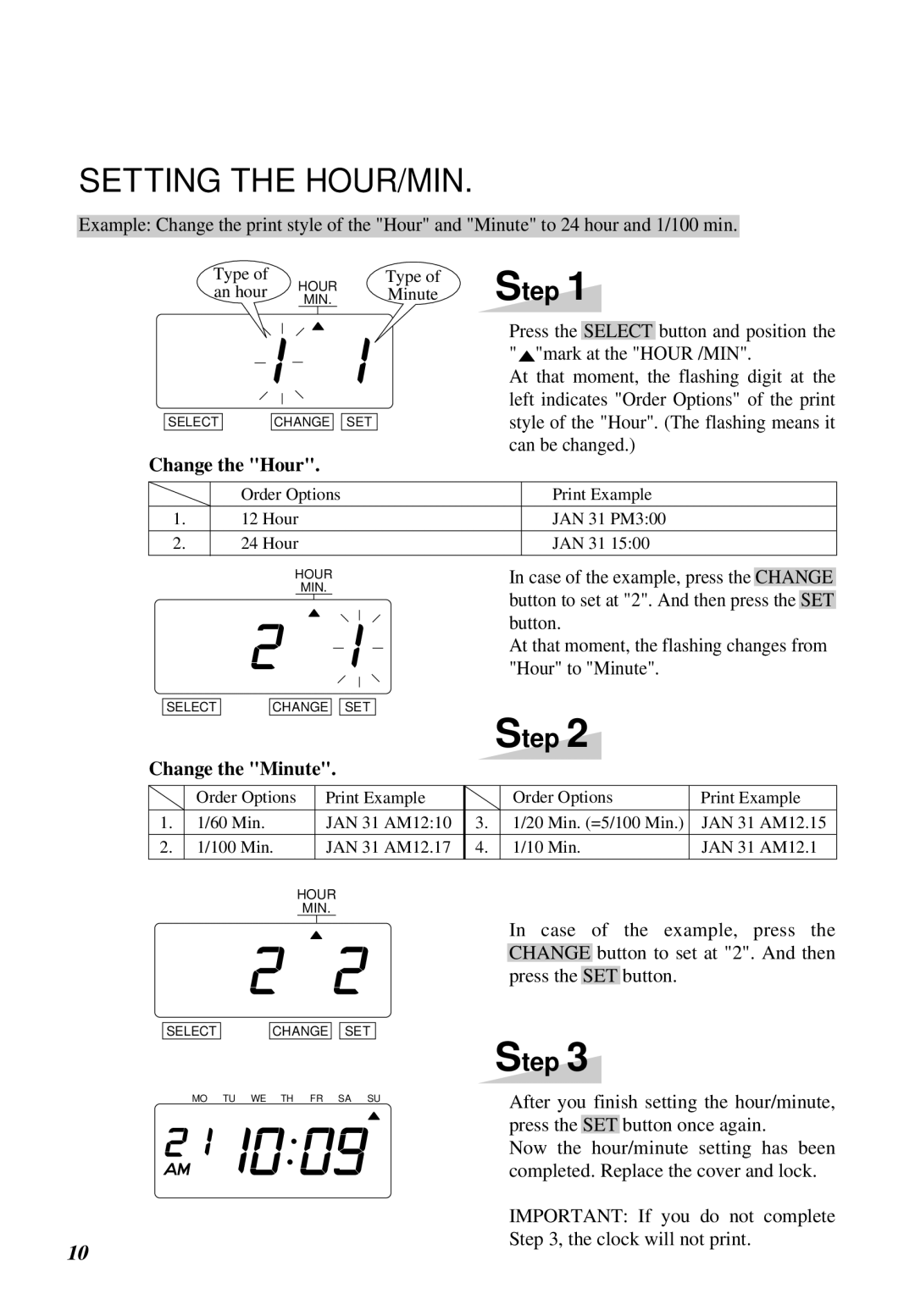 Lathem 1000E manual Setting the HOUR/MIN 