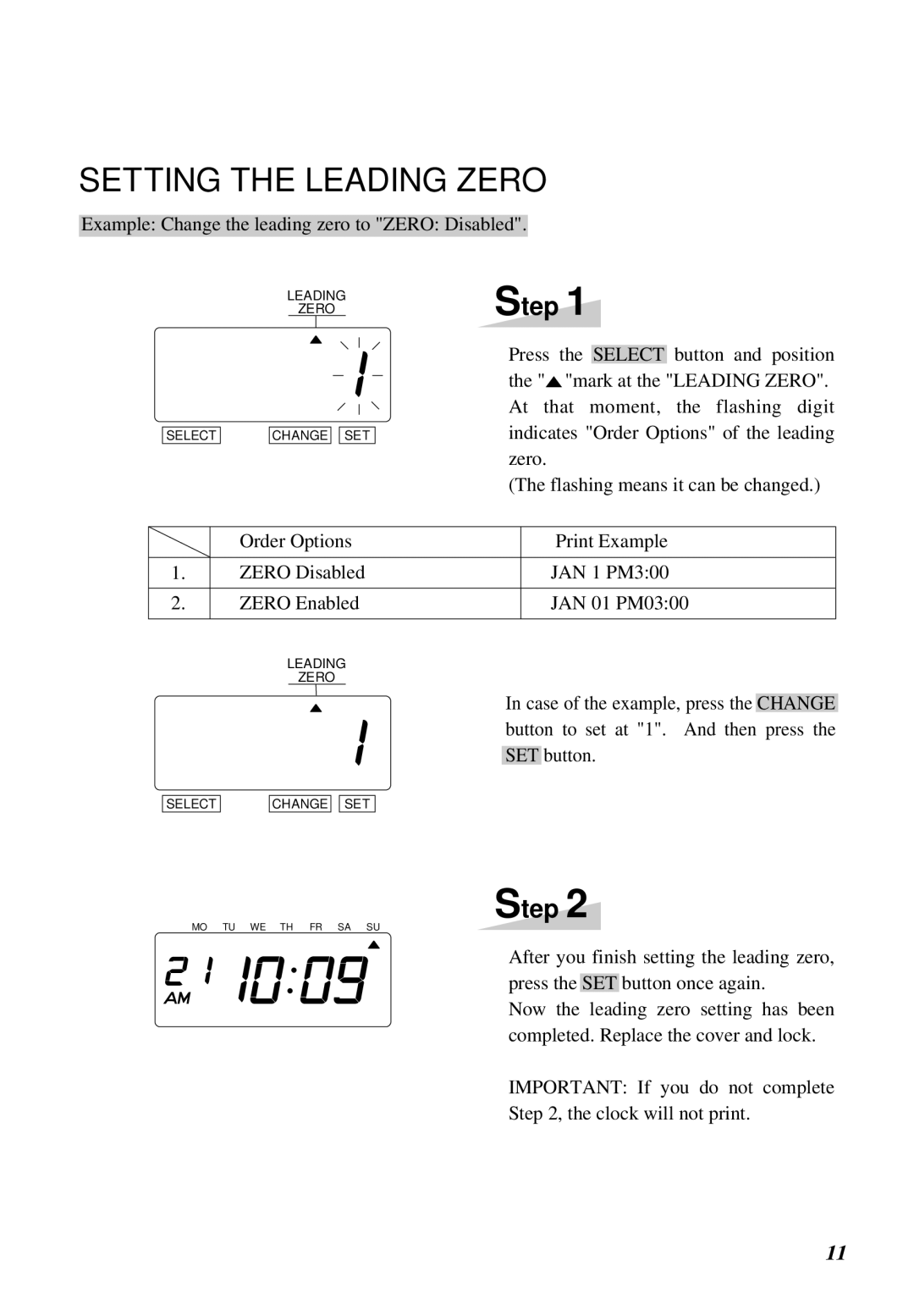 Lathem 1000E manual Setting the Leading Zero 