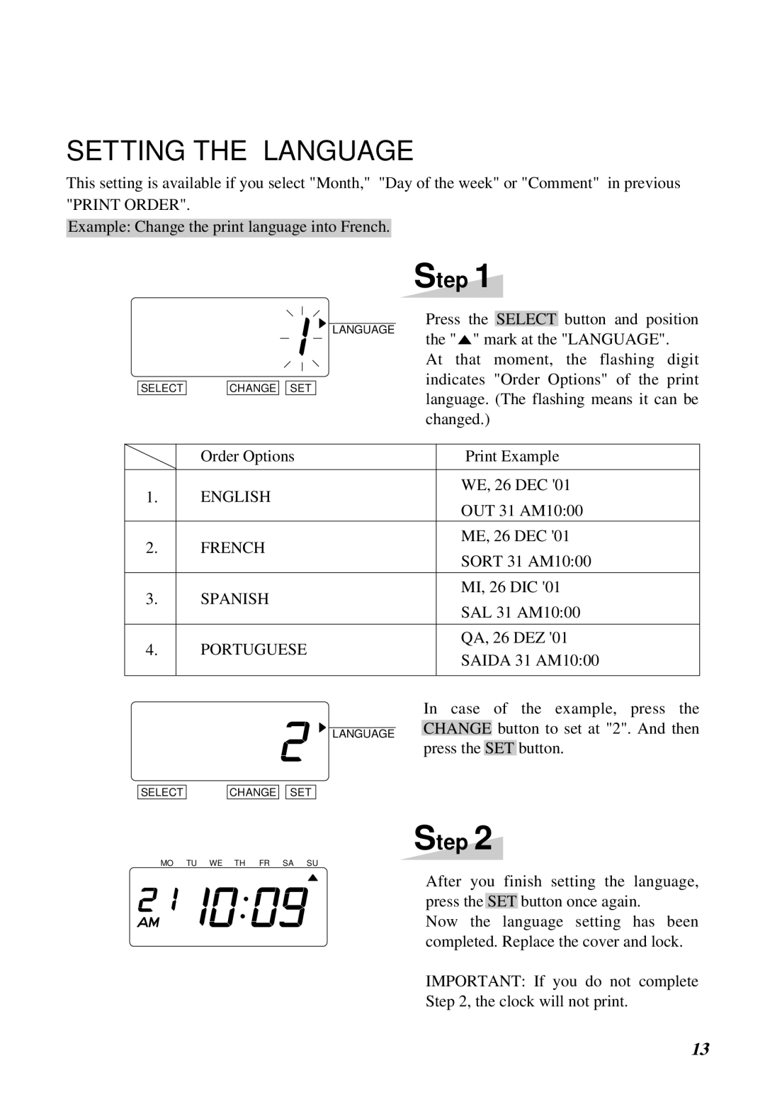 Lathem 1000E manual Setting the Language, Portuguese 