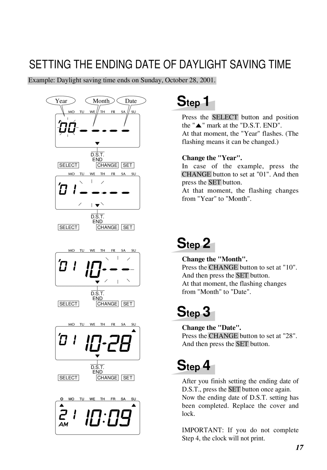 Lathem 1000E manual Setting the Ending Date of Daylight Saving Time 