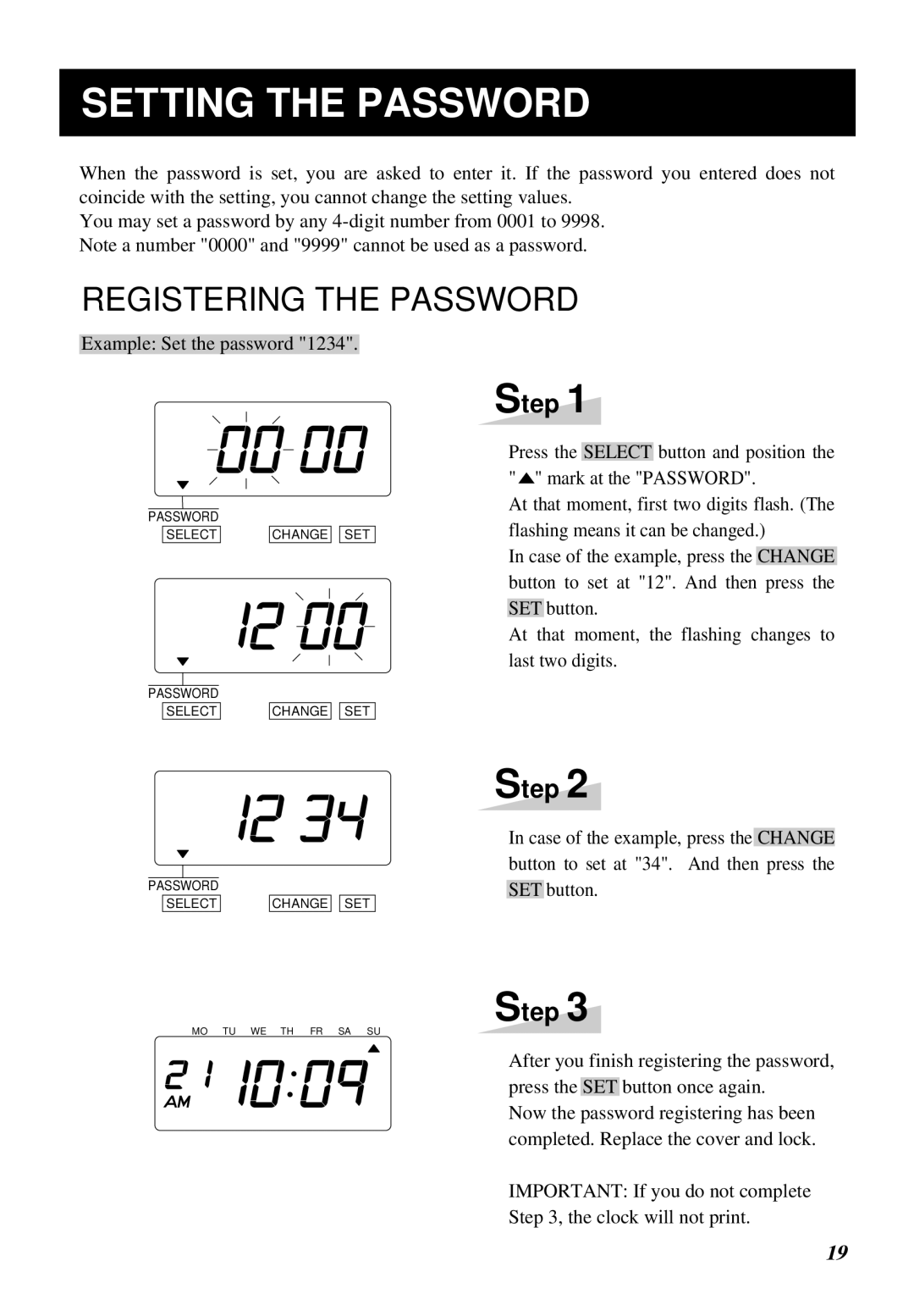 Lathem 1000E manual Setting the Password, Registering the Password 