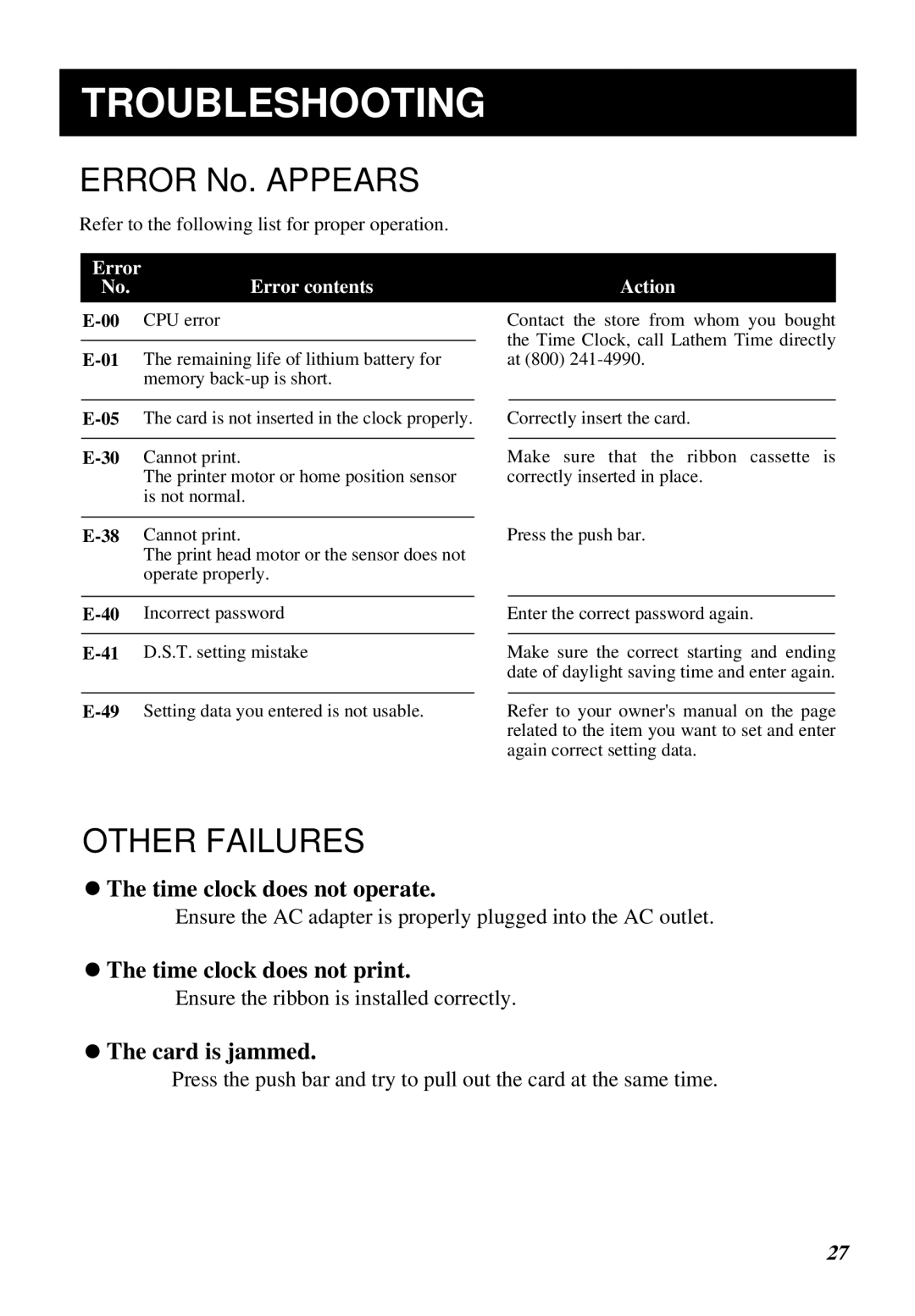 Lathem 1000E manual Troubleshooting, Other Failures 