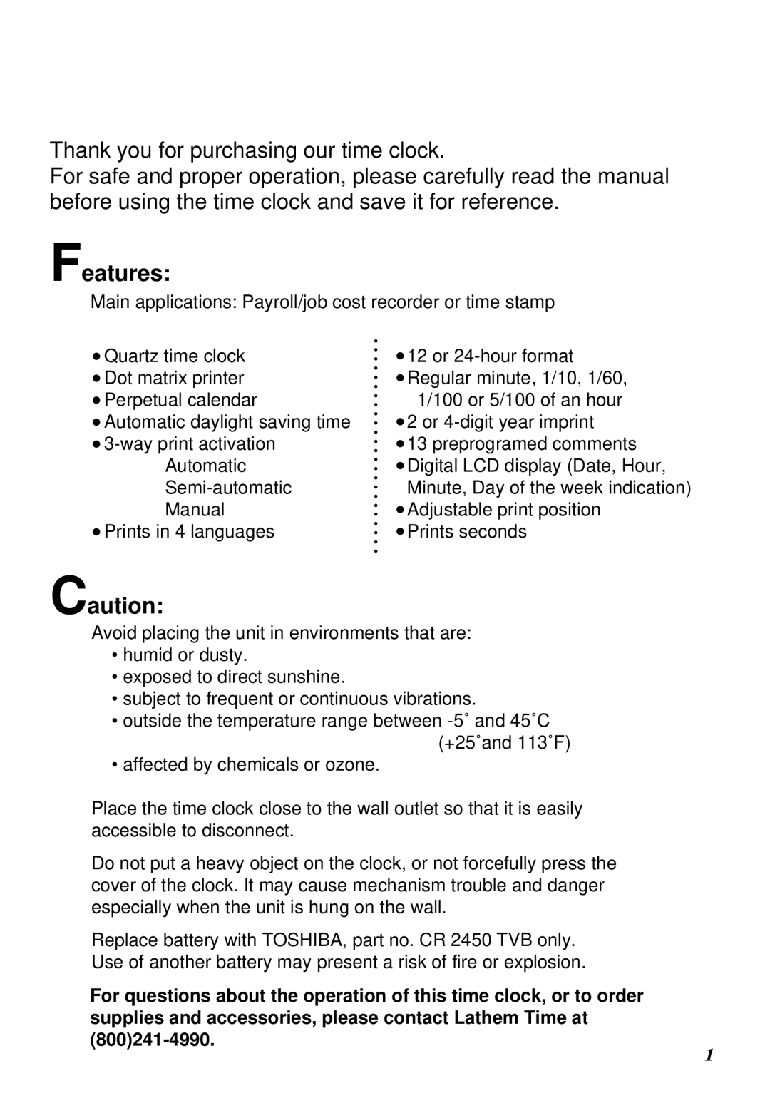 Lathem 1000E manual Features 